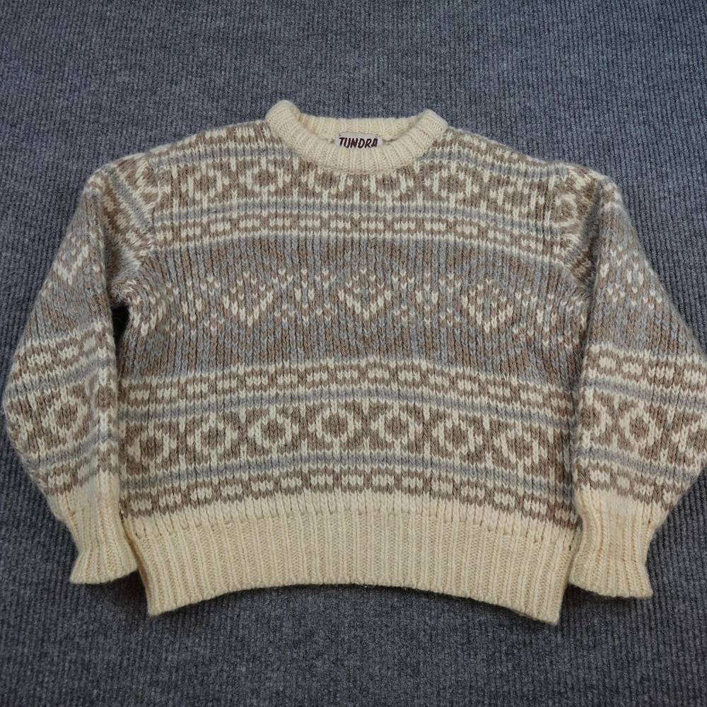 Vintage Tundra Sweater Mens Large Beige Wool Fair Isle Knit Pullover Heavyweight